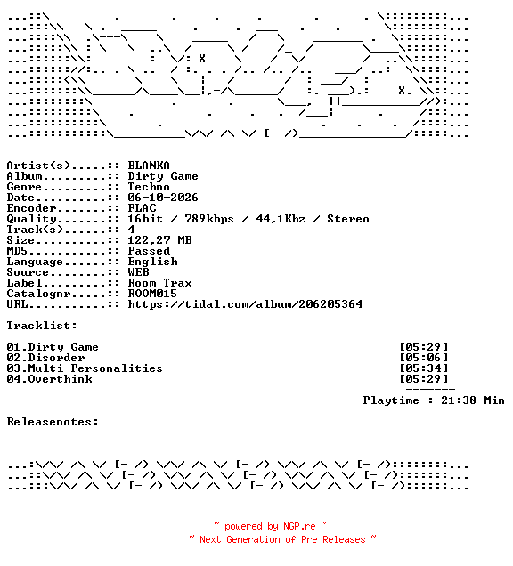 NFO for the release BLANKA-Dirty_Game-ROOM015-16BIT-WEB-FLAC-2021-WAVED by WAVED