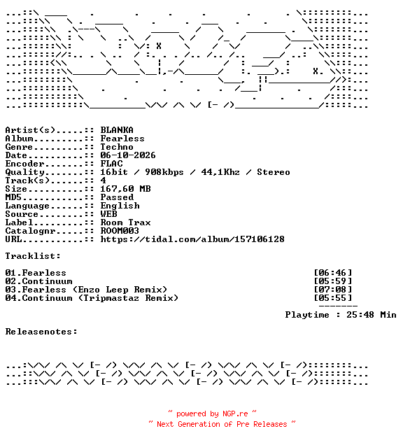 NFO for the release BLANKA-Fearless-ROOM003-16BIT-WEB-FLAC-2020-WAVED by WAVED