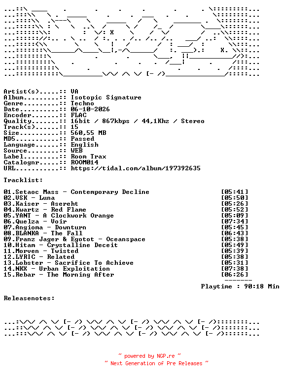 NFO for the release VA-Isotopic_Signature-ROOM014-16BIT-WEB-FLAC-2021-WAVED by WAVED