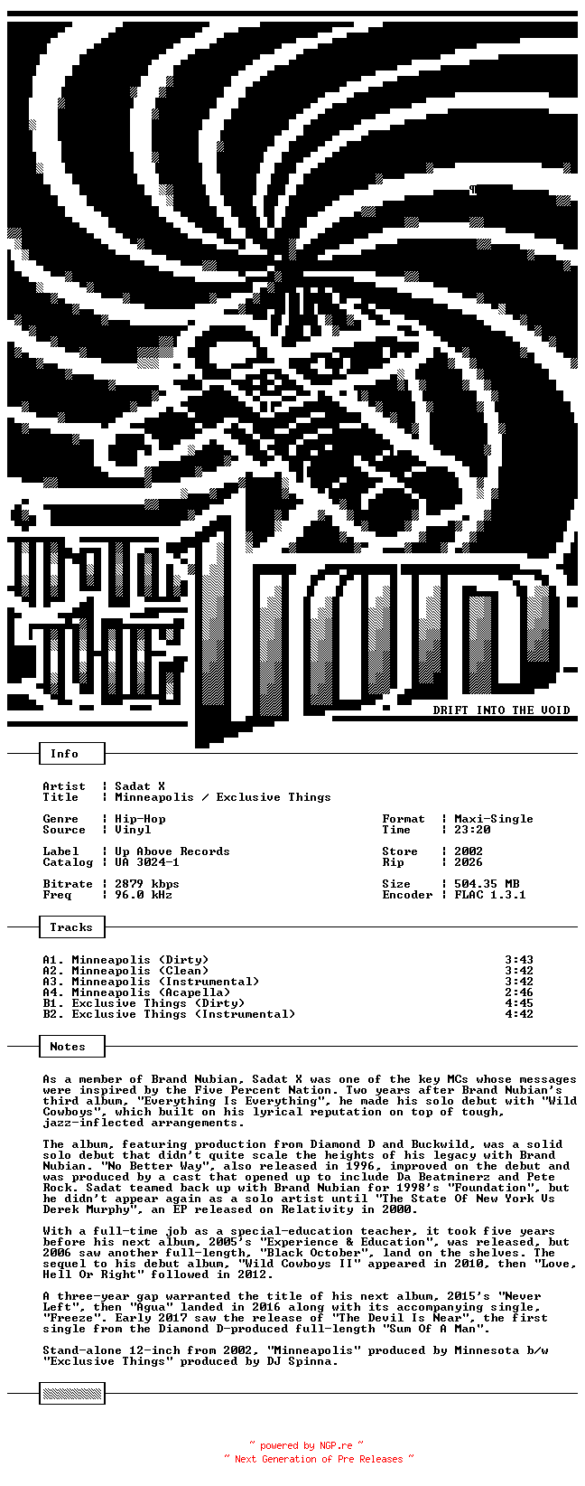 NFO for the release Sadat_X-Minneapolis-Exclusive_Things-VLS-FLAC-2002-THEVOiD by THEVOiD