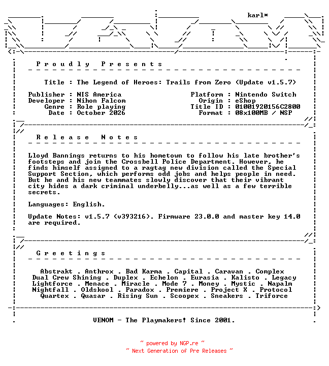 NFO for the release The_Legend_of_Heroes_Trails_from_Zero_Update_v1.5.7_NSW-VENOM by VENOM