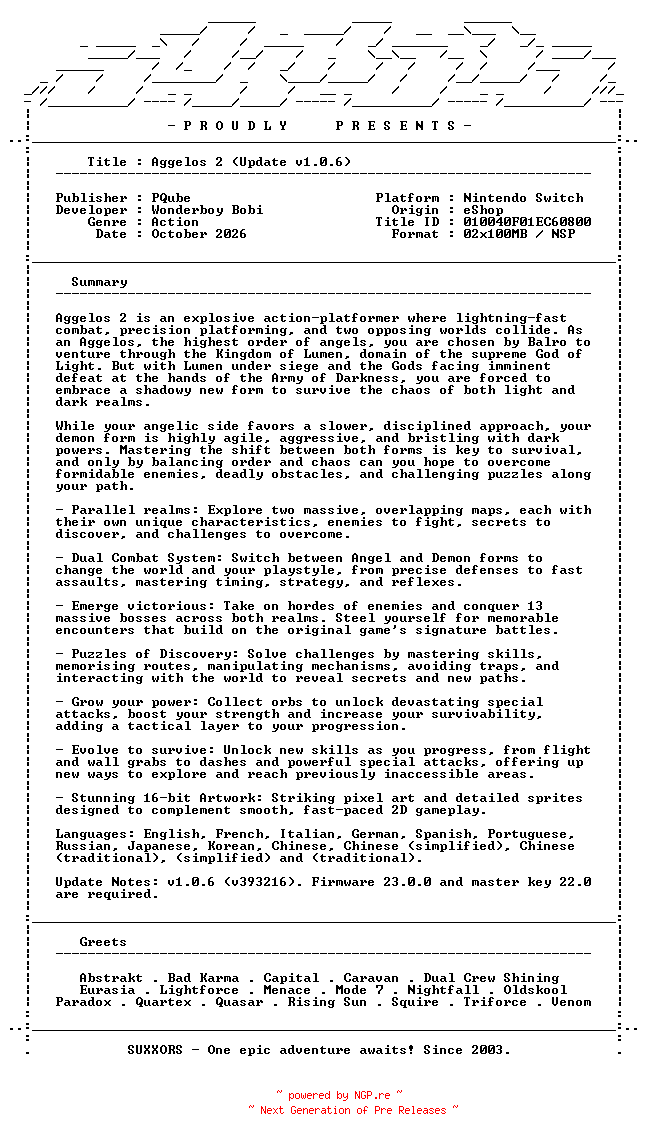 NFO for the release Aggelos_2_Update_v1.0.6_NSW-SUXXORS by SUXXORS