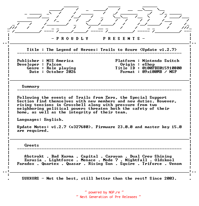 NFO for the release The_Legend_of_Heroes_Trails_to_Azure_Update_v1.2.7_NSW-SUXXORS by SUXXORS