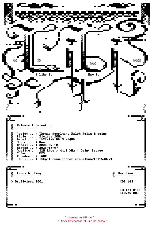 NFO for the release Thomas_Asselman_and_Ralph_Felix_and_ssimo-Eivissa_2001-(LSN079)-SINGLE-WEB-2026-LiBi by LiBi