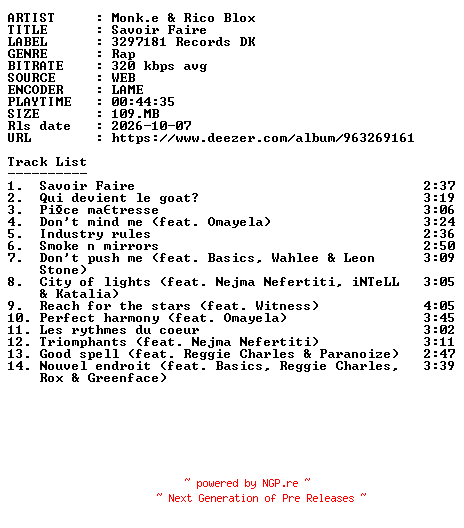 NFO for the release Monk.e_And_Rico_Blox-Savoir_Faire-WEB-FR-2026-GUESTS by GUESTS