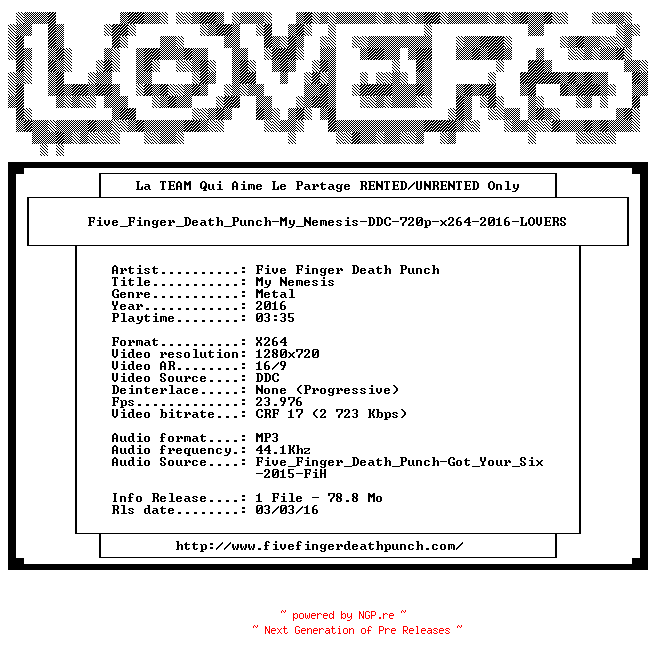 NFO for the release Five_Finger_Death_Punch-My_Nemesis-DDC-720p-x264-2016-LOVERS by LOVERS