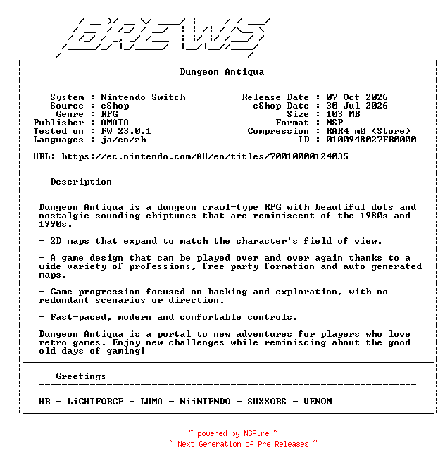 NFO for the release Dungeon_Antiqua_NSW-BREWS by BREWS
