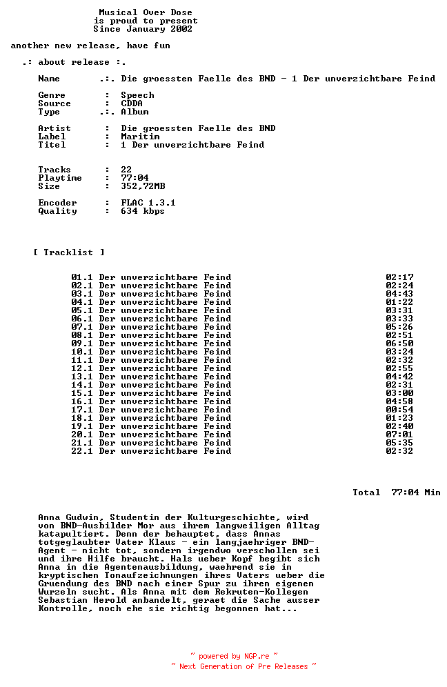 NFO for the release Die_Groessten_Faelle_Des_BND-1_Der_Unverzichtbare_Feind-DE-Audiobook-CD-FLAC-2024-MOD by MOD