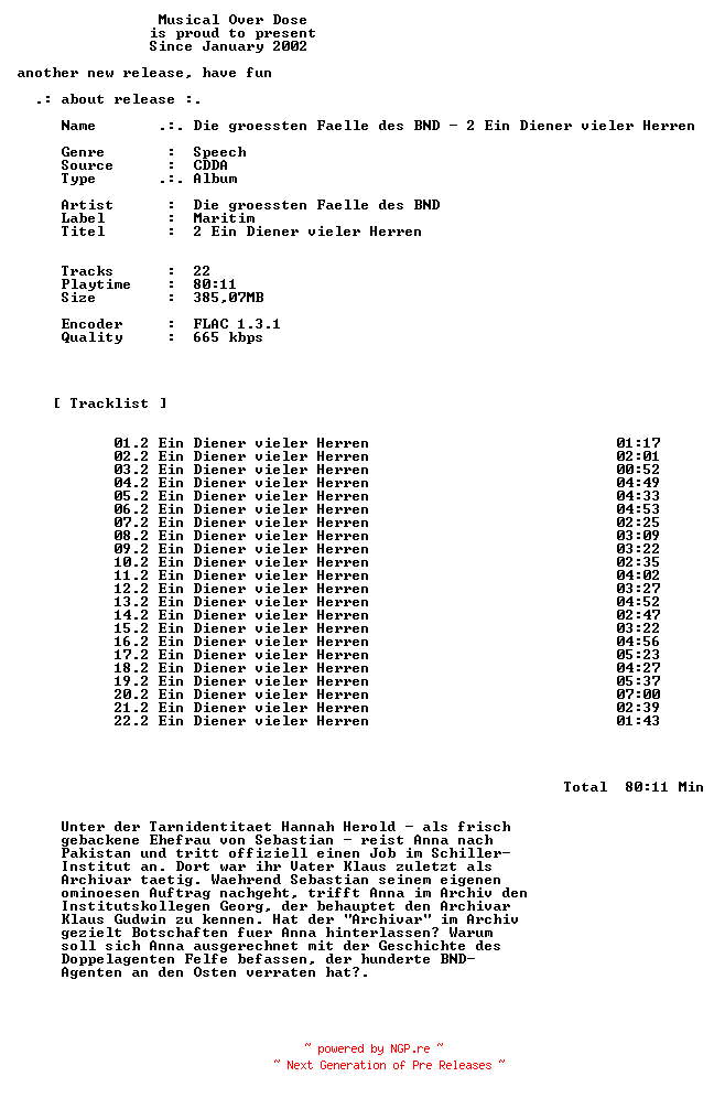 NFO for the release Die_Groessten_Faelle_Des_BND-2_Ein_Diener_Vieler_Herren-DE-Audiobook-CD-FLAC-2024-MOD by MOD