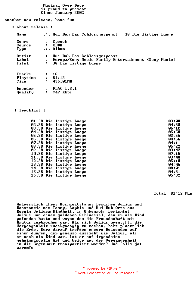 NFO for the release Hui_Buh_Das_Schlossgespenst-38_Die_Listige_Luege-DE-Audiobook-CD-FLAC-2023-MOD by MOD