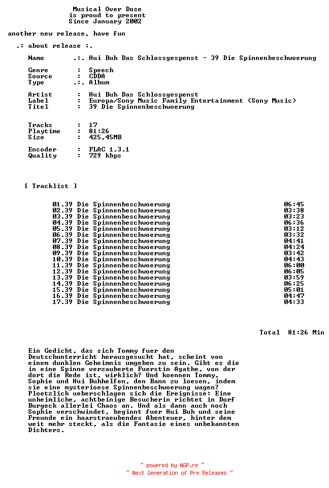 NFO for the release Hui_Buh_Das_Schlossgespenst-39_Die_Spinnenbeschwoerung-DE-Audiobook-CD-FLAC-2023-MOD by MOD
