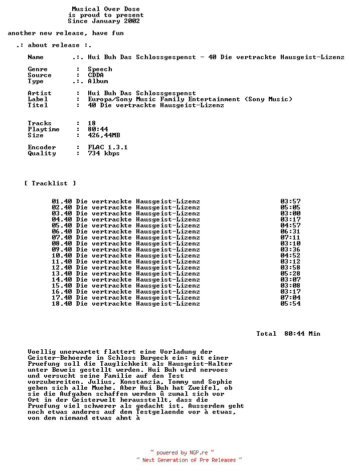 NFO for the release Hui_Buh_Das_Schlossgespenst-40_Die_Vertrackte_Hausgeist-Lizenz-DE-Audiobook-CD-FLAC-2023-MOD by MOD