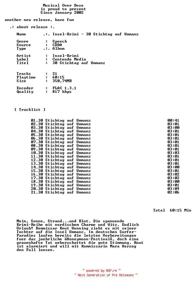 NFO for the release Insel-Krimi-30_Stichtag_Auf_Ummanz-DE-Audiobook-CD-FLAC-2024-MOD by MOD