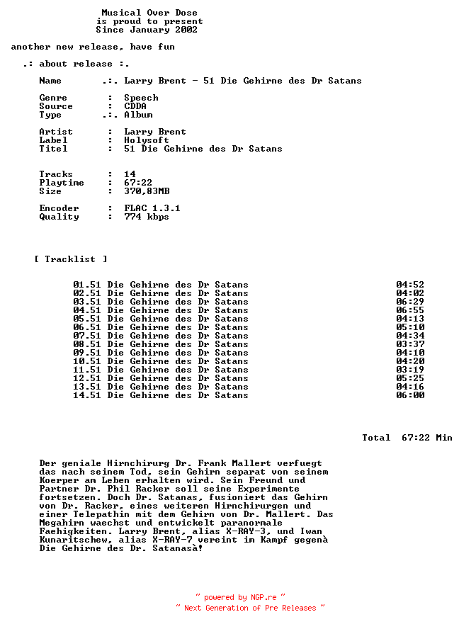 NFO for the release Larry_Brent-51_Die_Gehirne_Des_Dr_Satans-DE-Audiobook-CD-FLAC-2024-MOD by MOD