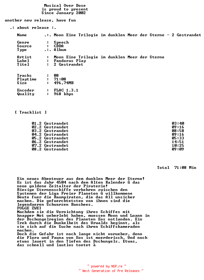 NFO for the release Moon_Eine_Trilogie_Im_Dunklen_Meer_Der_Sterne-2_Gestrandet-DE-Audiobook-CD-FLAC-2023-MOD by MOD