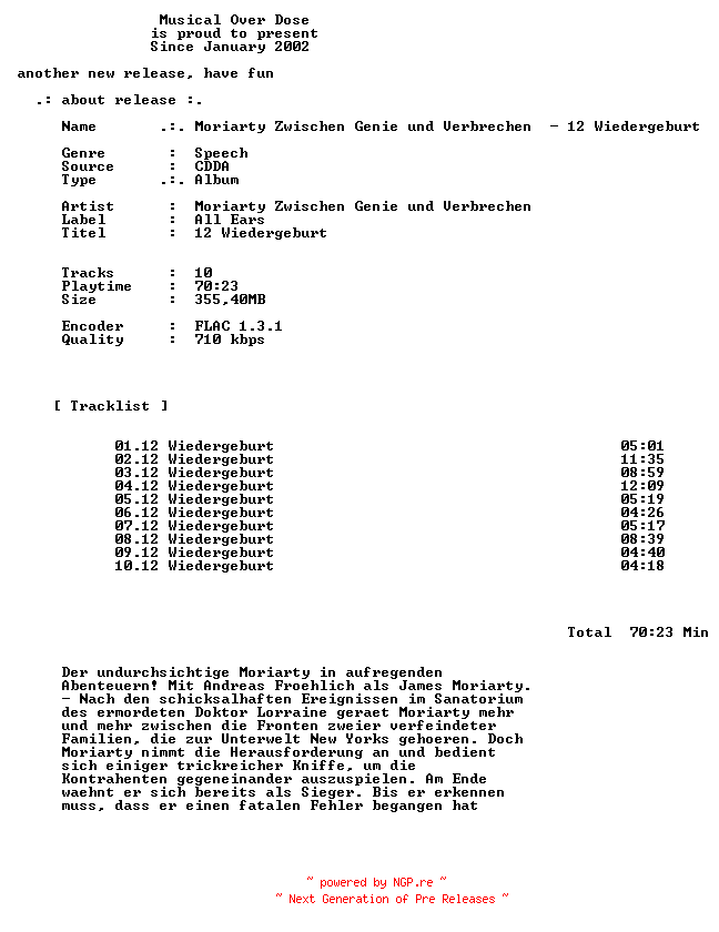 NFO for the release Moriarty_Zwischen_Genie_Und_Verbrechen-12_Wiedergeburt-Audiobook-CD-FLAC-2024-MOD by MOD