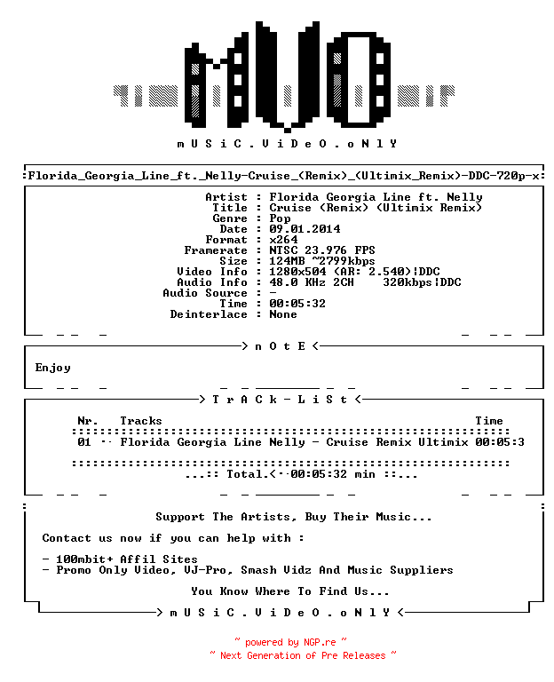 NFO for the release Florida_Georgia_Line_ft._Nelly-Cruise_(Remix)_(Ultimix_Remix)-DDC-720p-x264-2013-MVO by MVO