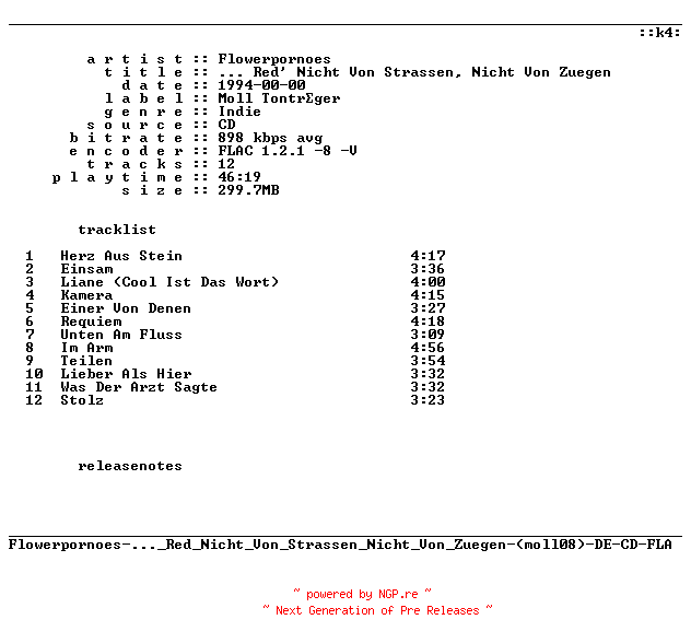 NFO for the release Flowerpornoes-..._Red_Nicht_Von_Strassen_Nicht_Von_Zuegen-(moll08)-DE-CD-FLAC-1994-k4 by k4