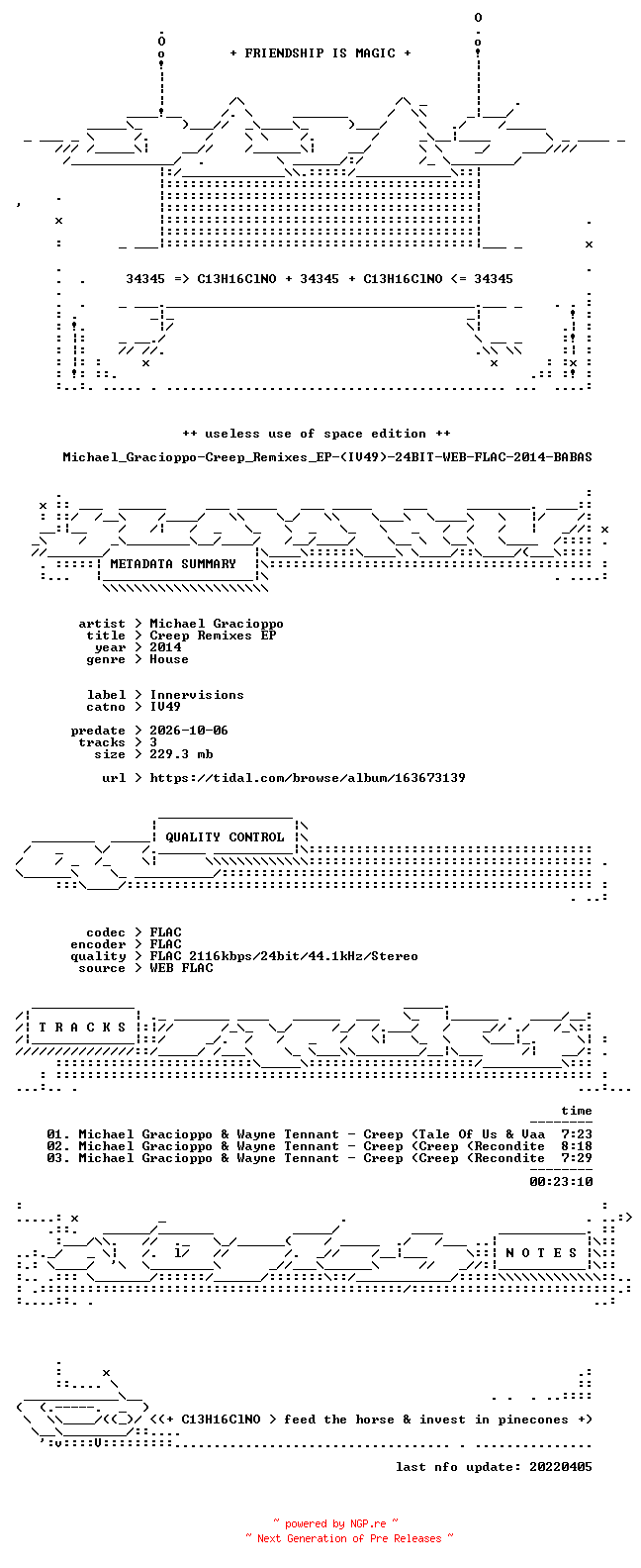NFO for the release Michael_Gracioppo-Creep_Remixes_EP-(IV49)-24BIT-WEB-FLAC-2014-BABAS by BABAS