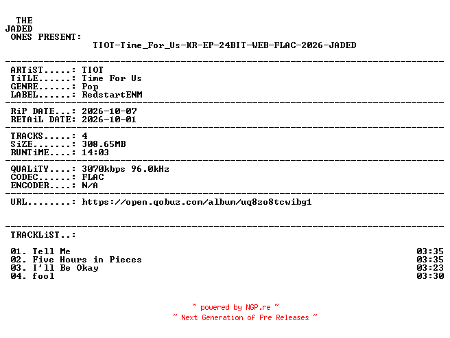 NFO for the release TIOT-Time_For_Us-KR-EP-24BIT-WEB-FLAC-2026-JADED by JADED
