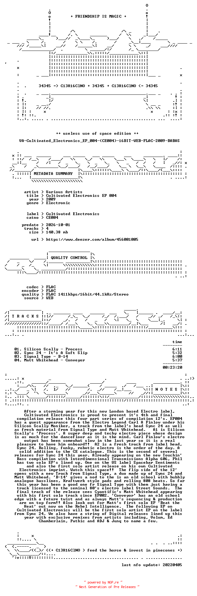 NFO for the release VA-Cultivated_Electronics_EP_004-(CE004)-16BIT-WEB-FLAC-2009-BABAS by BABAS