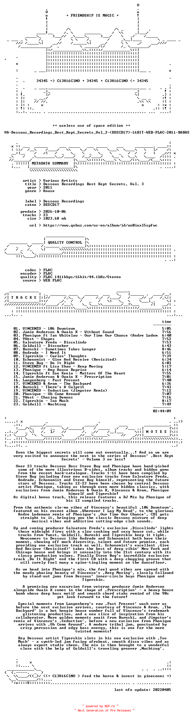 NFO for the release VA-Dessous_Recordings_Best_Kept_Secrets_Vol_3-(DESCD17)-16BIT-WEB-FLAC-2011-BABAS by BABAS