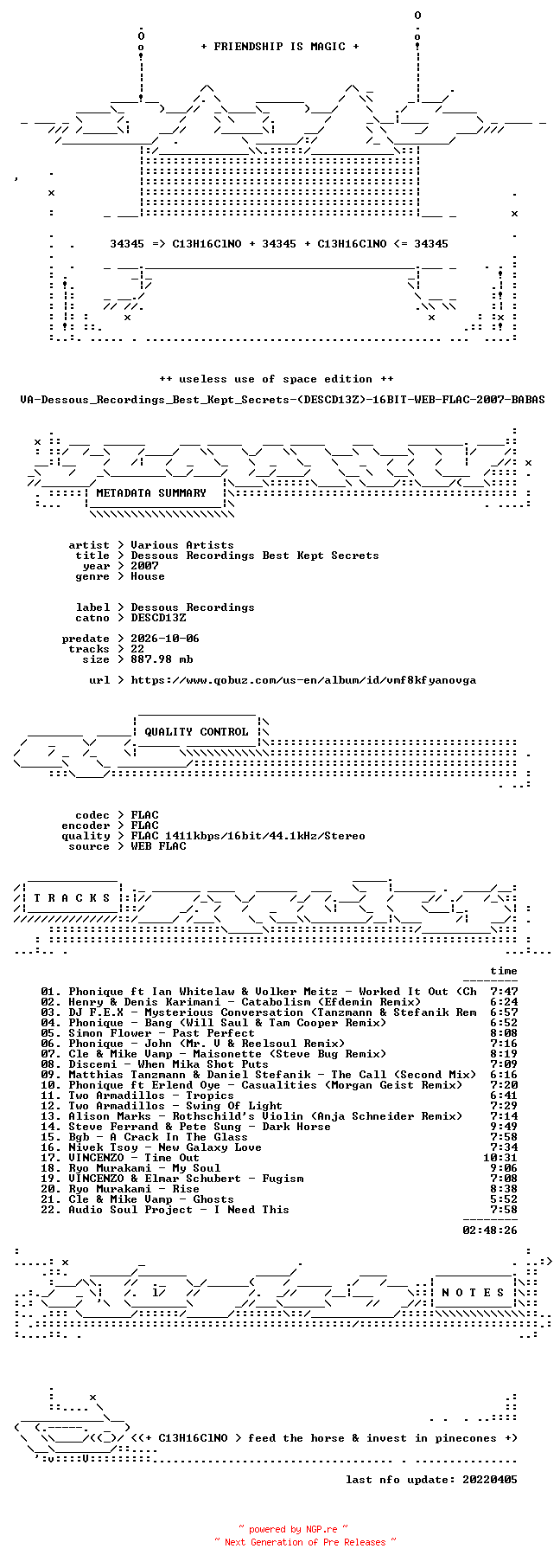 NFO for the release VA-Dessous_Recordings_Best_Kept_Secrets-(DESCD13Z)-16BIT-WEB-FLAC-2007-BABAS by BABAS