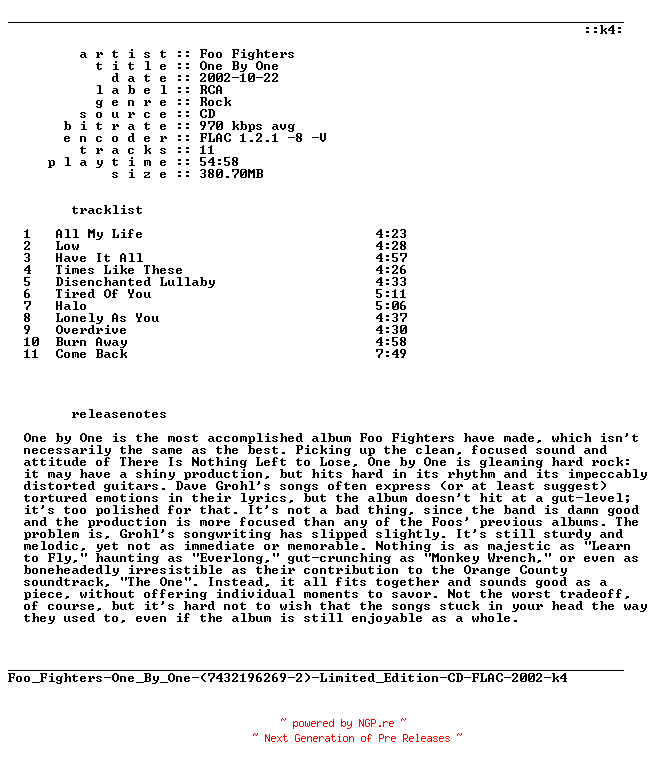 NFO for the release Foo_Fighters-One_By_One-Limited_Edition-CD-FLAC-2002-k4 by k4