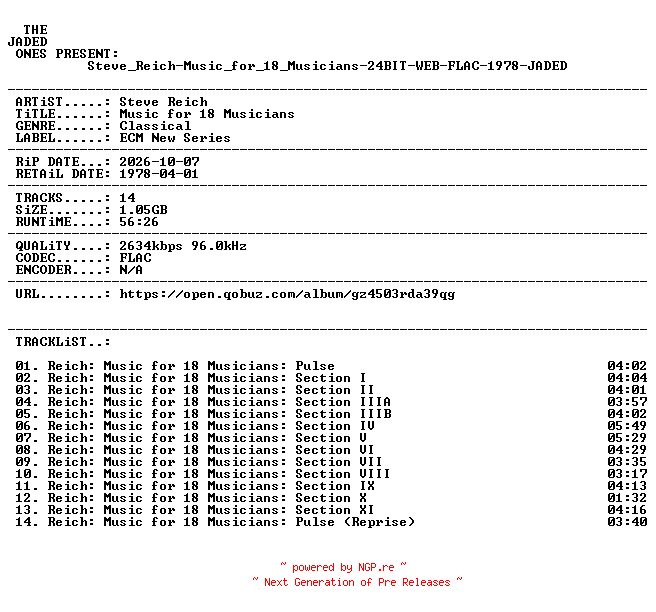 NFO for the release Steve_Reich-Music_for_18_Musicians-24BIT-WEB-FLAC-1978-JADED by JADED