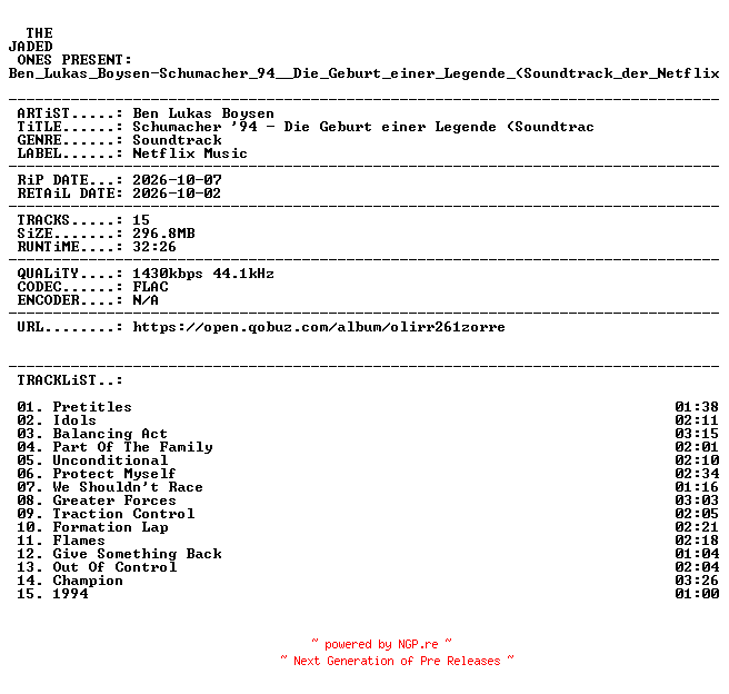 NFO for the release Ben_Lukas_Boysen-Schumacher_94__Die_Geburt_einer_Legende_(Soundtrack_der_Netflix_Dokumentation)-OST-24BIT-WEB-FLAC-2026-JADED by JADED