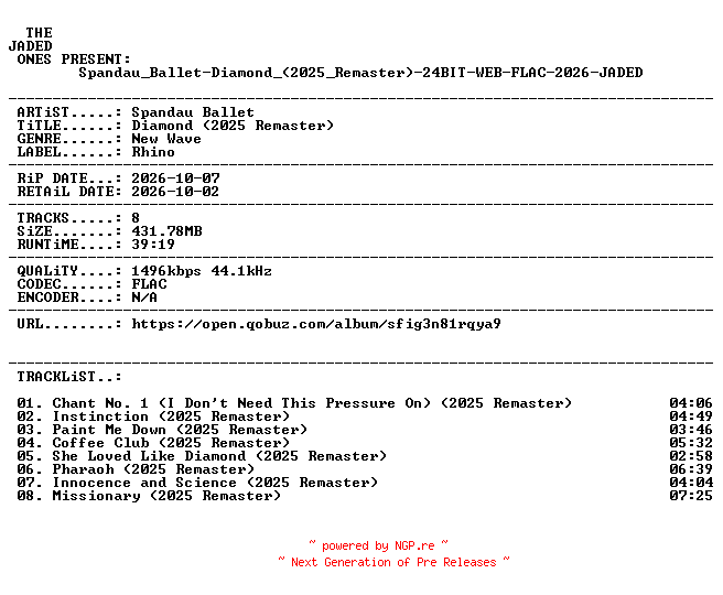 NFO for the release Spandau_Ballet-Diamond_(2025_Remaster)-24BIT-WEB-FLAC-2026-JADED by JADED