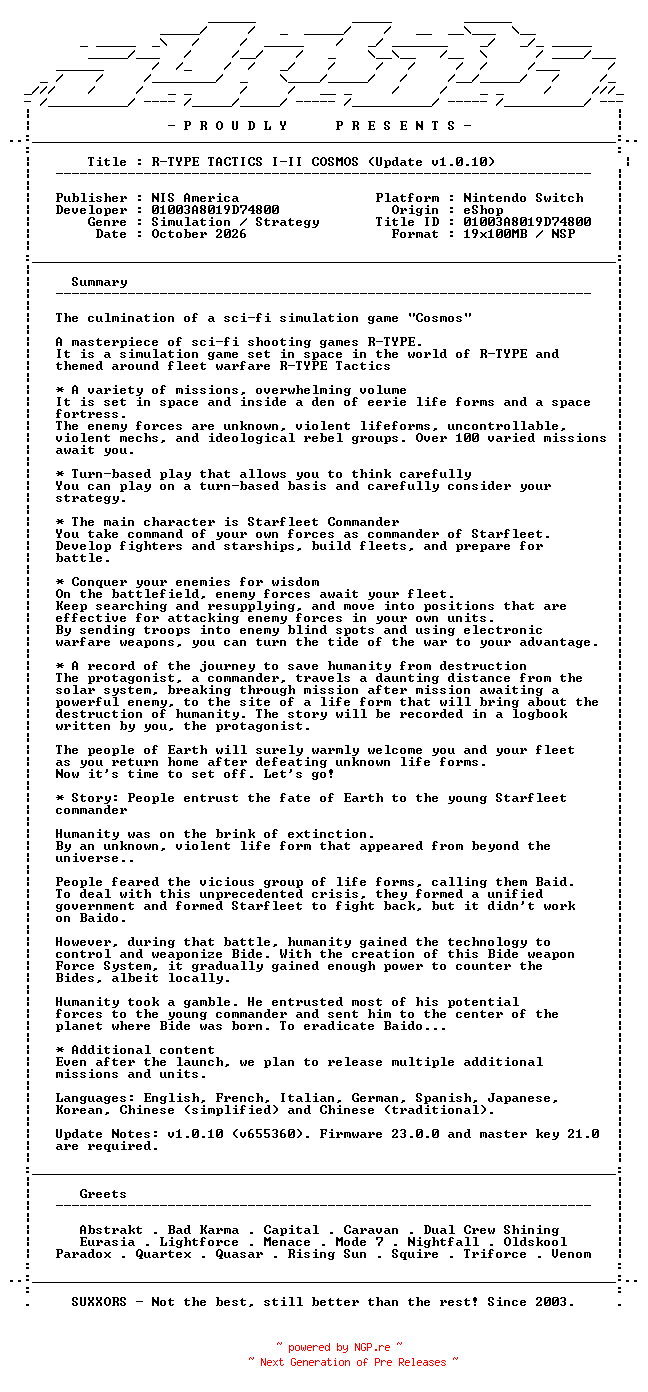 NFO for the release R-TYPE_TACTICS_I_II_COSMOS_Update_v1.0.10_NSW-SUXXORS by SUXXORS
