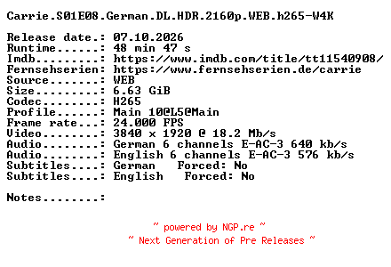 NFO for the release Carrie.S01E08.German.DL.HDR.2160p.WEB.h265-W4K by W4K