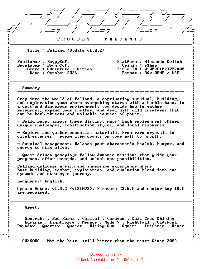 NFO for the release Palland_Update_v1.0.2_NSW-SUXXORS by SUXXORS
