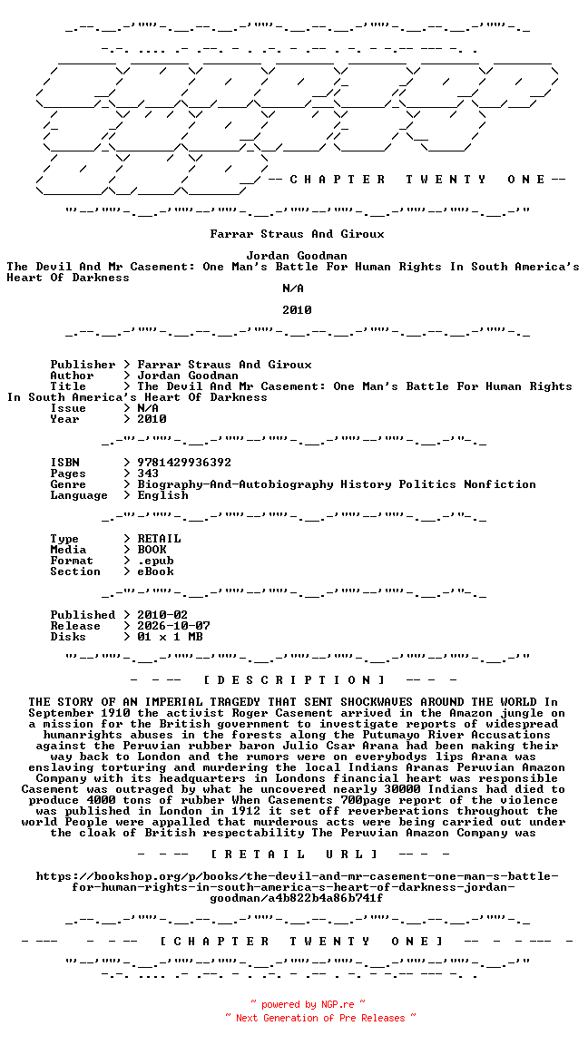 NFO for the release Jordan.Goodman.-.The.Devil.And.Mr.Casement.One.Mans.Battle.For.Human.Rights.In.South.Americas.Heart.Of.Darkness.2010.RETAIL.EPUB.eBook-CTO by CTO