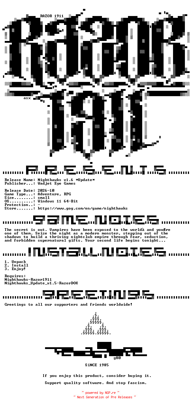 NFO for the release Nighthawks_Update_v1.6-RazorDOX by RazorDOX