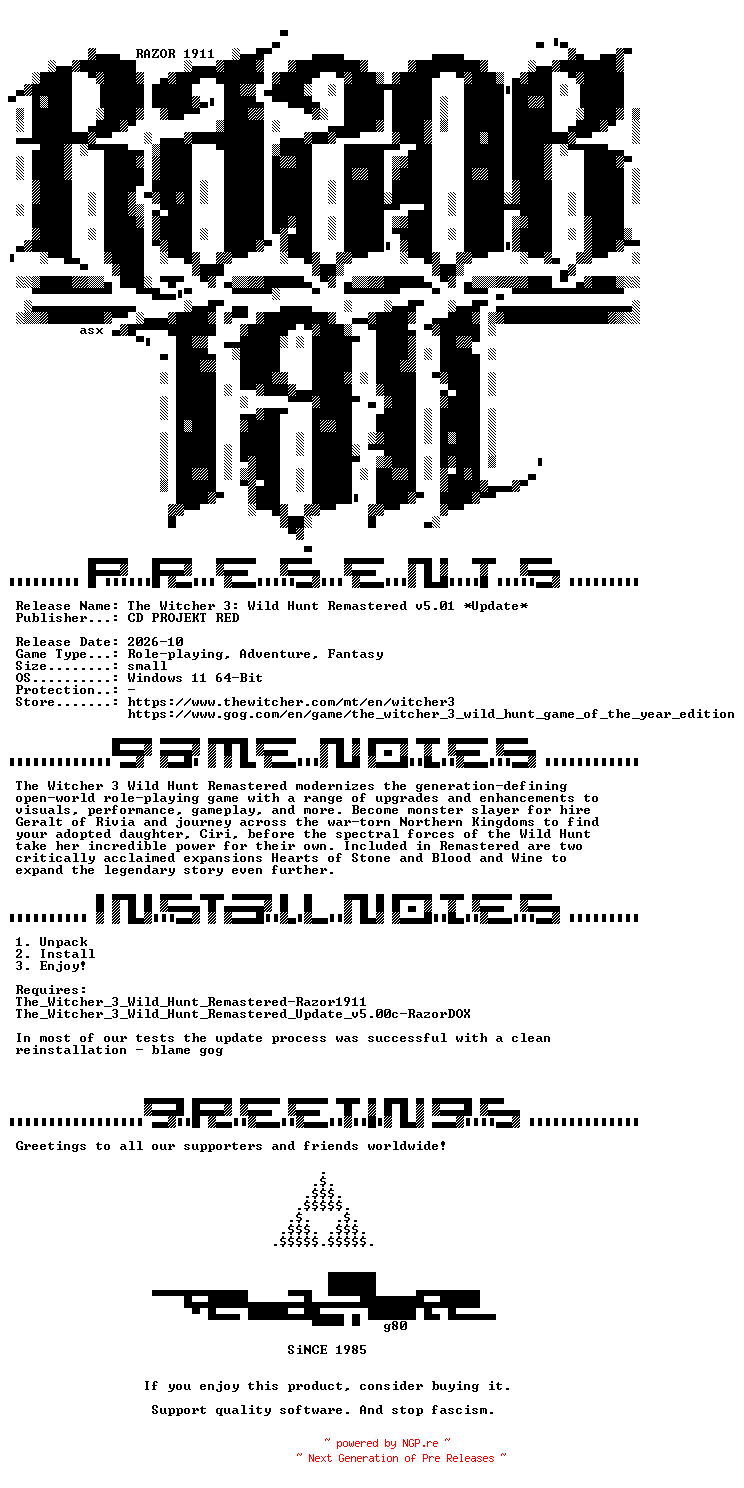 NFO for the release The_Witcher_3_Wild_Hunt_Remastered_Update_v5.01-RazorDOX by RazorDOX