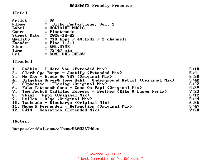 NFO for the release VA-Disko_Fantastique_Vol._1-16BIT-WEB-FLAC-2026-RAWBEATS by RAWBEATS