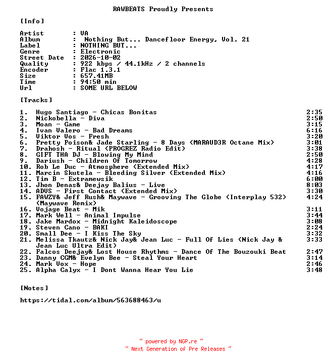 NFO for the release VA-Nothing_But..._Dancefloor_Energy_Vol._21-16BIT-WEB-FLAC-2026-RAWBEATS by RAWBEATS