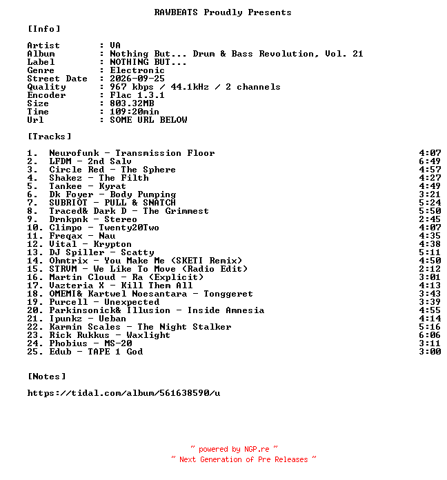 NFO for the release VA-Nothing_But..._Drum_And_Bass_Revolution_Vol._21-16BIT-WEB-FLAC-2026-RAWBEATS by RAWBEATS
