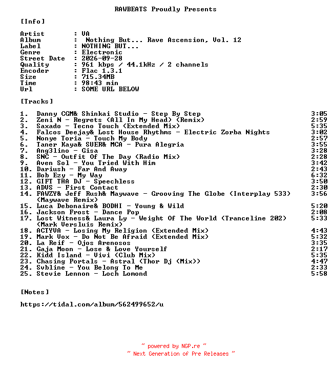 NFO for the release VA-Nothing_But..._Rave_Ascension_Vol._12-16BIT-WEB-FLAC-2026-RAWBEATS by RAWBEATS