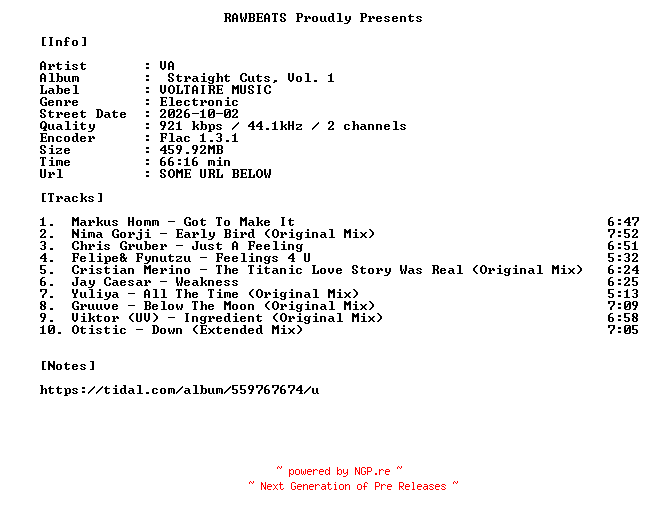NFO for the release VA-Straight_Cuts_Vol._1-16BIT-WEB-FLAC-2026-RAWBEATS by RAWBEATS