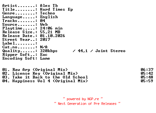 NFO for the release Alex_TB-Hard_Times_EP-WEB-2017-XTC_iNT by XTC_iNT