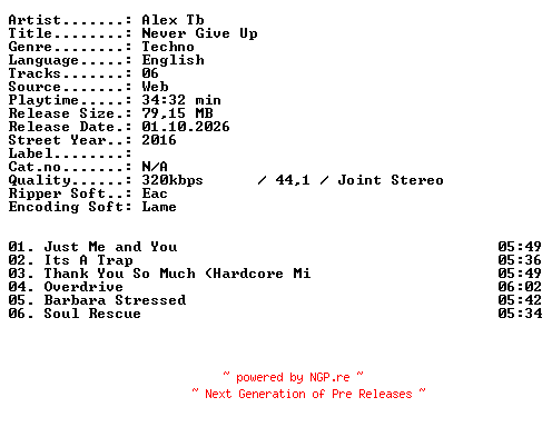 NFO for the release Alex_TB-Never_Give_Up-WEB-2016-XTC_iNT by XTC_iNT