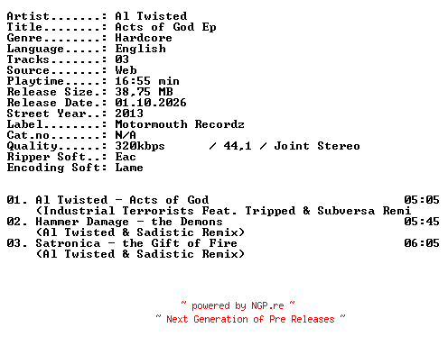 NFO for the release Al_Twisted-Acts_of_God_EP-WEB-2013-XTC_iNT by XTC_iNT