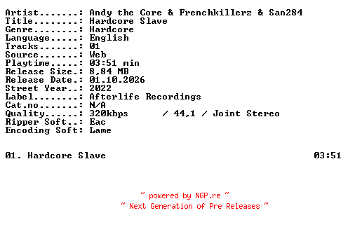 NFO for the release Andy_the_Core_and_Frenchkillerz_and_San284-Hardcore_Slave-SINGLE-WEB-2022-XTC_iNT by XTC_iNT