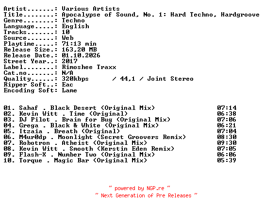 NFO for the release VA-Apocalypse_of_Sound_No_1_Hard_Techno_Hardgroove-WEB-2017-XTC_iNT by XTC_iNT