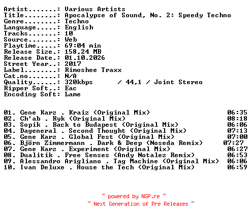 NFO for the release VA-Apocalypse_of_Sound_No_2_Speedy_Techno-WEB-2017-XTC_iNT by XTC_iNT