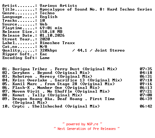 NFO for the release VA-Apocalypse_of_Sound_No_8_Hard_Techno_Series-WEB-2020-XTC_iNT by XTC_iNT