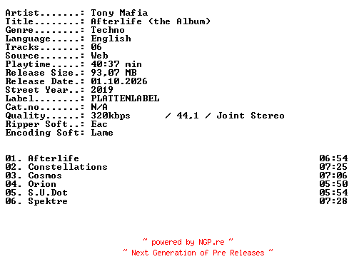 NFO for the release Tony_Mafia-Afterlife_(the_Album)-WEB-2019-XTC_iNT by XTC_iNT